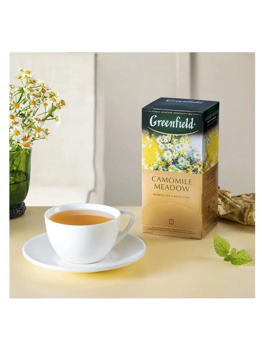 Чай травяной greenfield. Herbal Tea Greenfield Ромашка. Чай Гринфилд Rich Camomile. Greenfield чай Camomile Meadow. Чай Гринфилд Камомайл Медоу 25 пак.