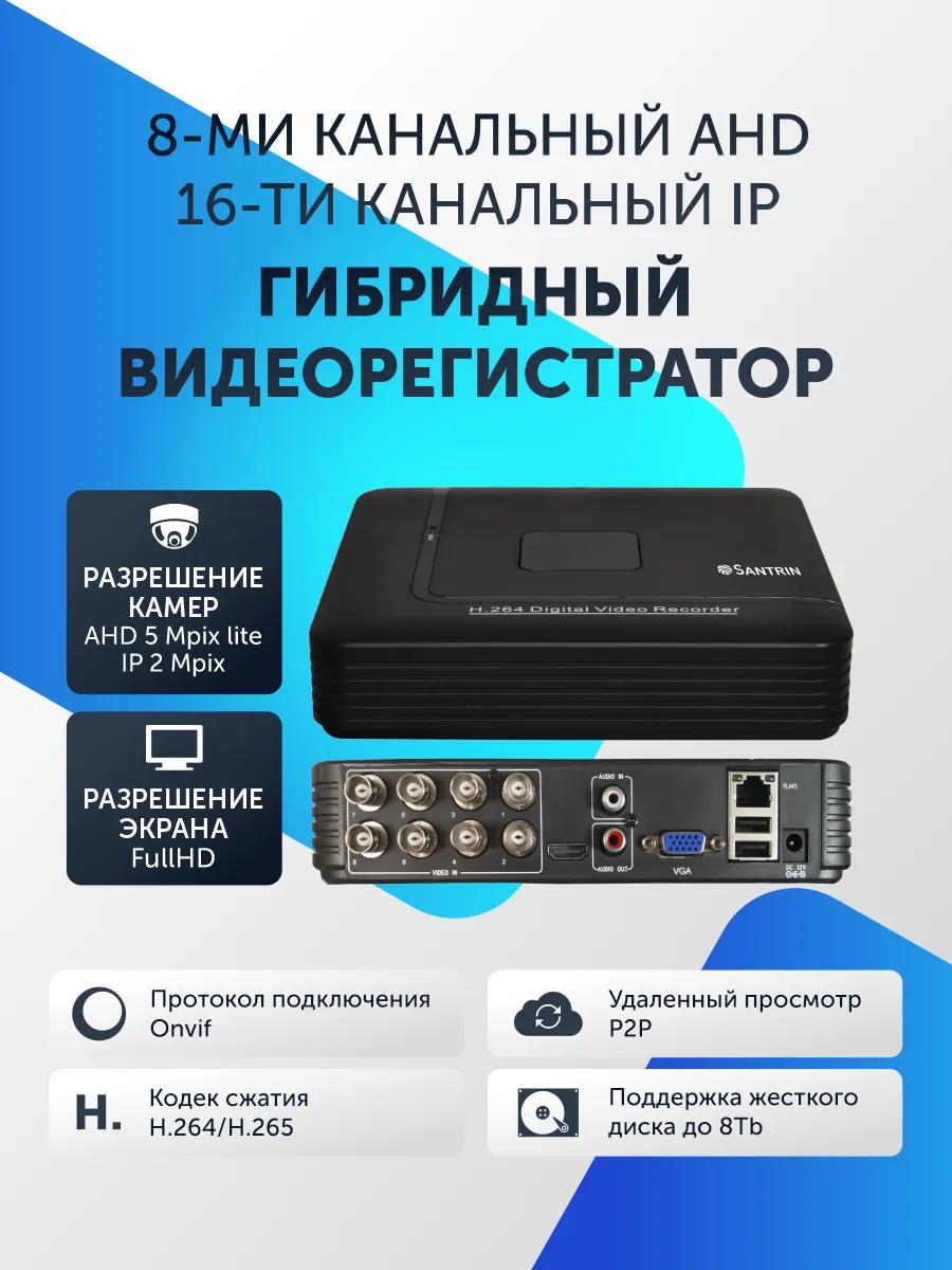 Видеорегистратор гибридный AHD IP 8 каналов для камер Santrin 100186262  купить за 4 949 ₽ в интернет-магазине Wildberries