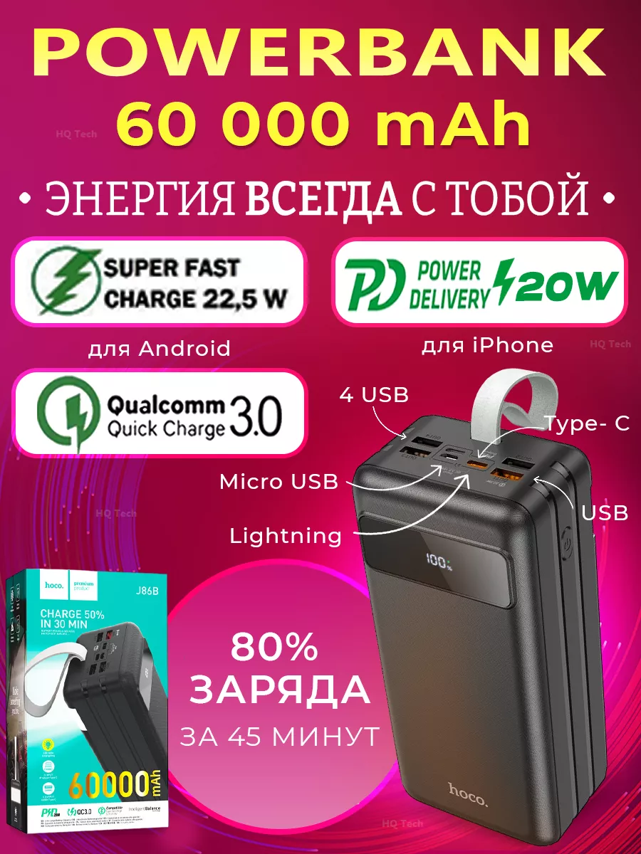 Повербанк Внешний аккумулятор 60000 mAh с быстрой зарядкой Hoco 100287292  купить в интернет-магазине Wildberries