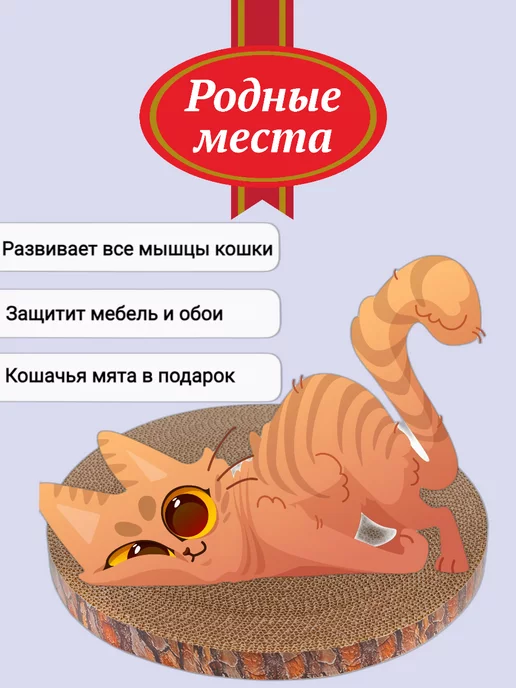 РОДНЫЕ МЕСТА Когтеточка лежак для кошки картонная с мятой, 35х35х2,5 см, 35x2.5 см, фото 3