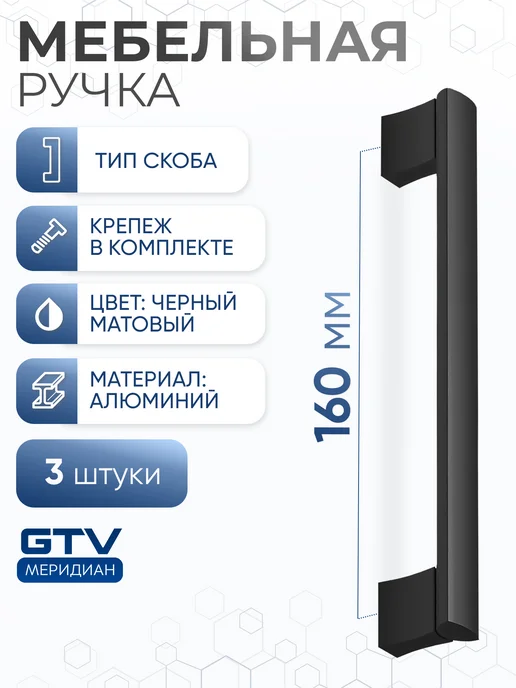 GTV Ручка мебельная скоба 160 мм B311 черный матовый 3 шт, 3 шт