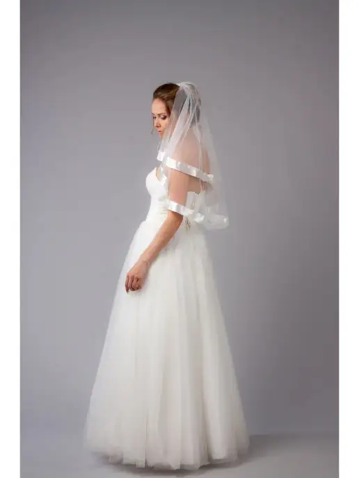 Romantic Wedding Фата невесты средняя с гребнем атласной лентой многослойная, белый, фото 3