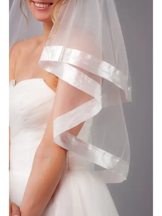 Romantic Wedding Фата невесты средняя с гребнем атласной лентой многослойная, белый, фото 4