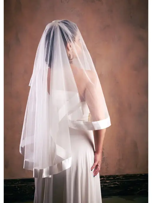 Romantic Wedding Фата невесты средняя с гребнем атласной лентой многослойная, белый, фото 8