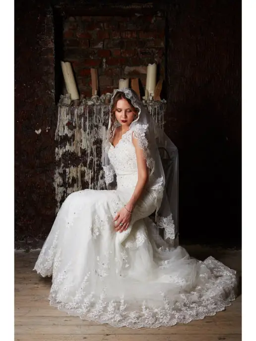 Romantic Wedding Свадебная фата невесты кружевная испанка блестящая пайетками, белый, фото 2