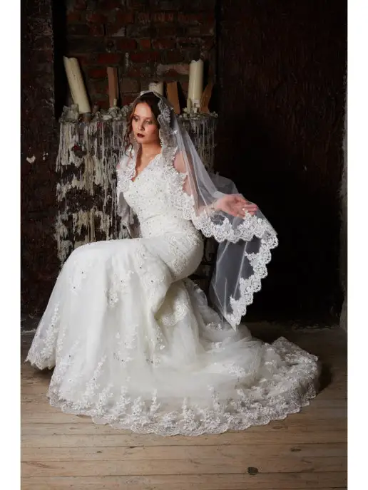 Romantic Wedding Свадебная фата невесты кружевная испанка блестящая пайетками, белый, фото 3