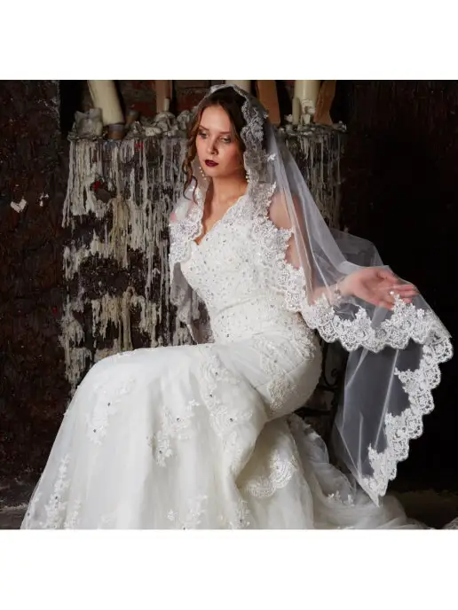 Romantic Wedding Свадебная фата невесты кружевная испанка блестящая пайетками, белый, фото 4