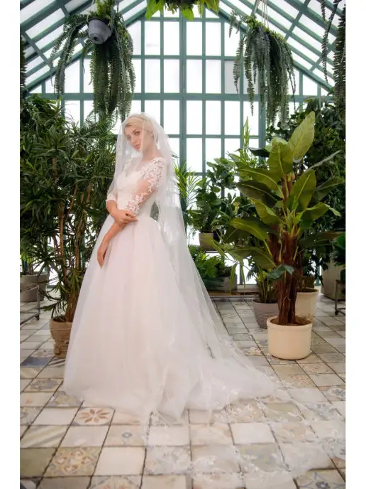 Romantic Wedding Фата свадебная длинная на заколке гребне с вышивкой два слоя, белый, фото 3