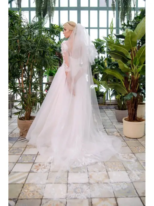 Romantic Wedding Фата свадебная длинная на заколке гребне с вышивкой два слоя, белый, фото 4