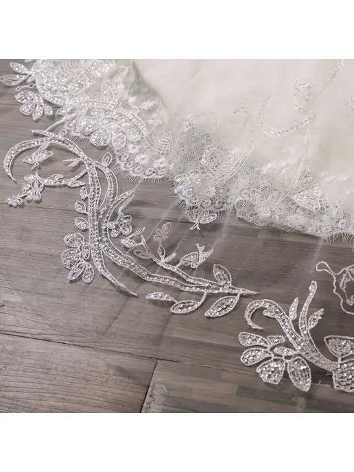 Romantic Wedding Фата свадебная длинная на заколке гребне с вышивкой два слоя, белый, фото 7