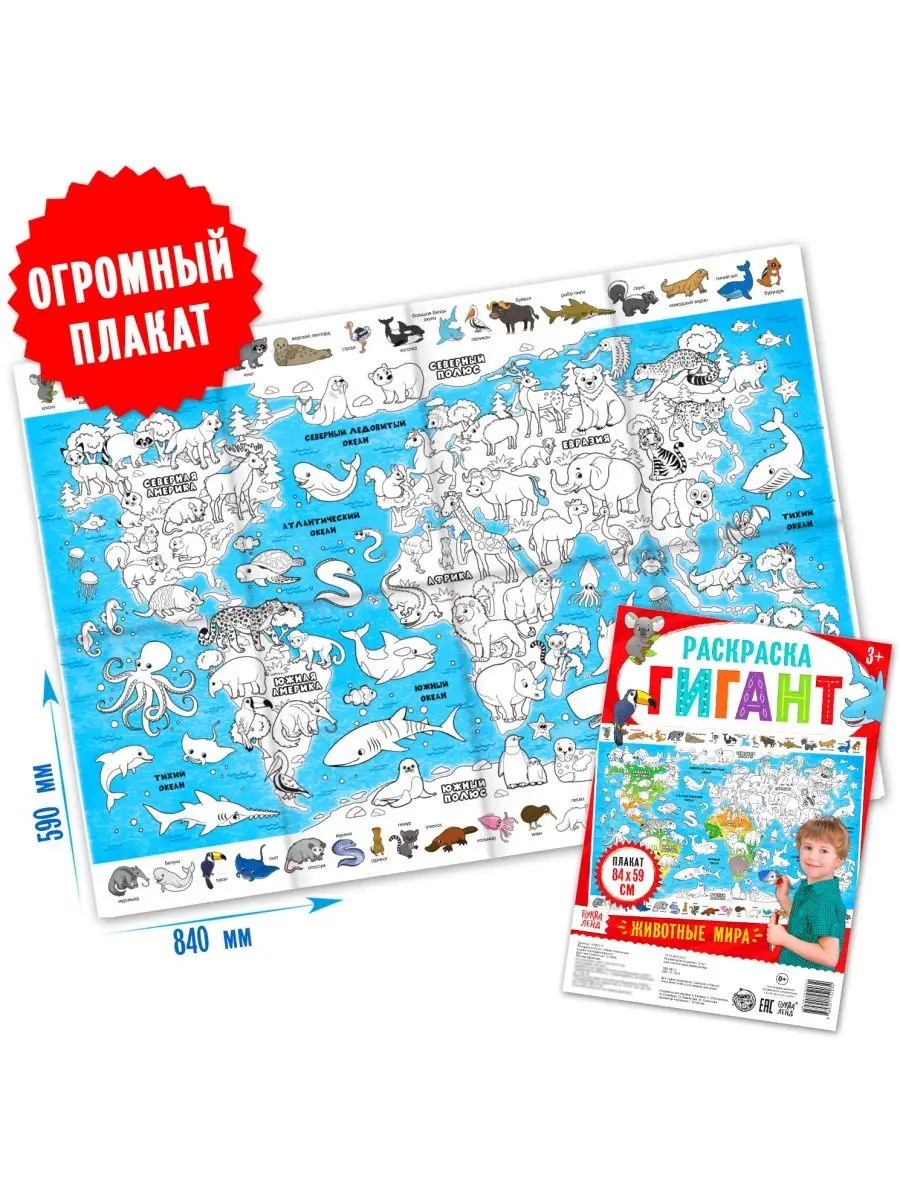 Детская раскраска гигант Животные мира