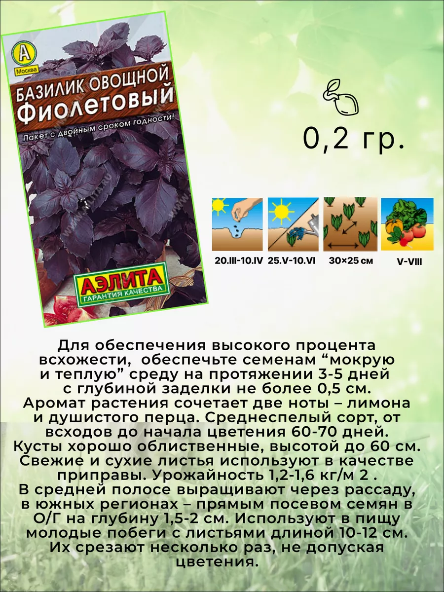 Семена базилика набор 6 шт. скороспелый фиолетовый Агрофирма Аэлита  73050825 купить за 182 ₽ в интернет-магазине Wildberries