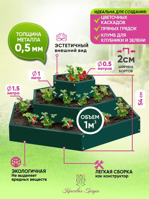 Красивая грядка Клумба садовая для цветов на даче трехъярусная оцинкованная, зеленый, фото 2