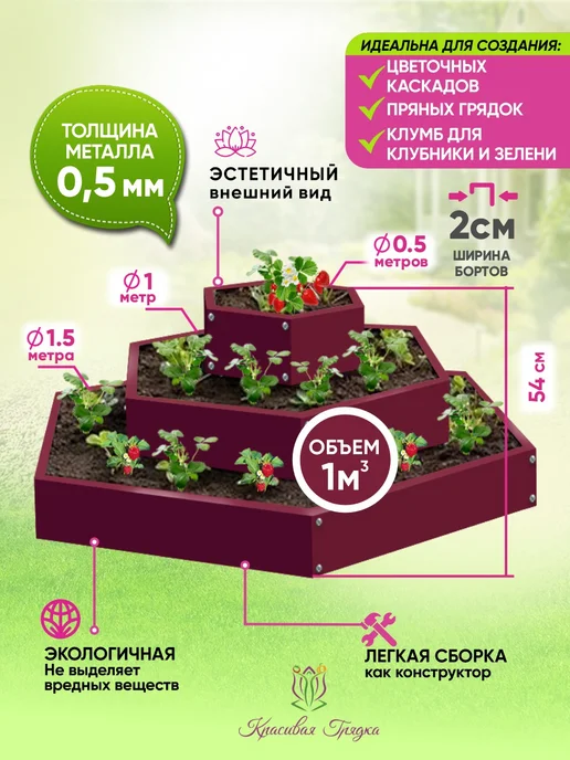 Красивая грядка Клумба трехъярусная оцинкованная горка альпийская, красный, фото 2