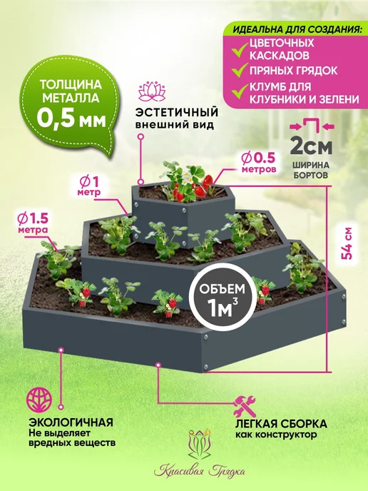 Красивая грядка Клумба садовая для цветов на даче трехъярусная оцинкованная, серый, фото 2