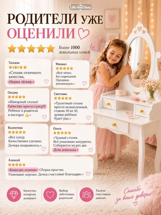 Little Wood Home Детский туалетный столик с зеркалом и 3 ящиками для девочки, белый, фото 5