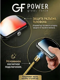 Кабель зарядки Type-C MAG09T, магнитный, нейлон GFPower. Цвет золотистый. Вид 2.