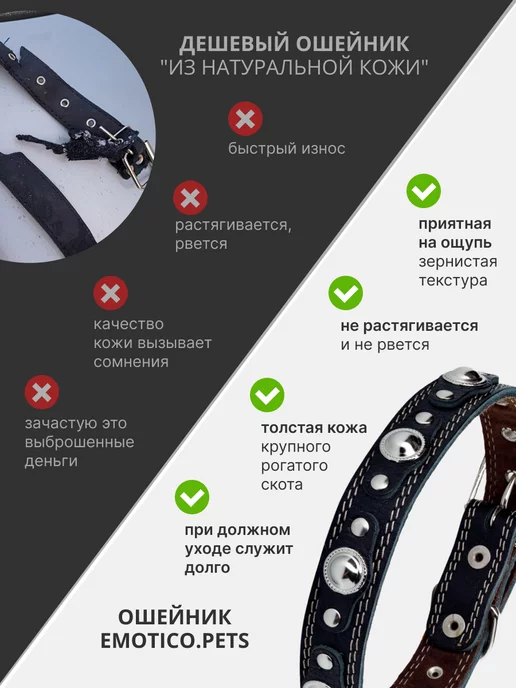 Emotico.Pets Ошейник для собак кожаный, черный, фото 7