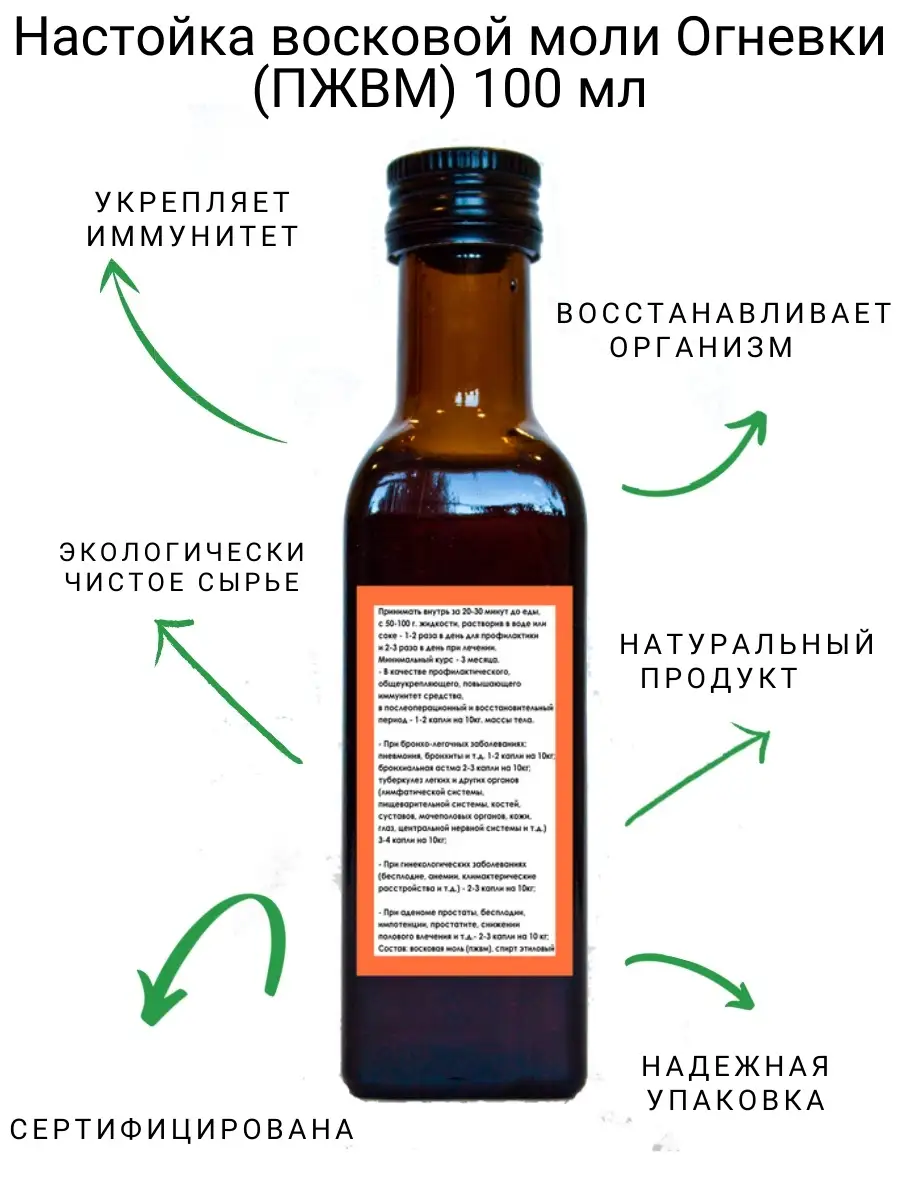 Настойка восковой моли Огневки пчелиной (ПЖВМ) 100 мл Долголетов 73573249  купить за 513 ₽ в интернет-магазине Wildberries