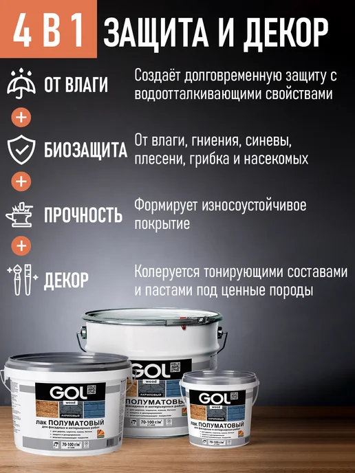 GOL Лак акриловый Полуматовый с УФ-защитой 0,9кг, 2,4 кг, фото 6