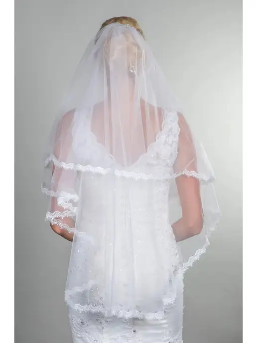 Romantic Wedding Фата невесты на железном гребне с узким кружевом два слоя, белый, фото 2