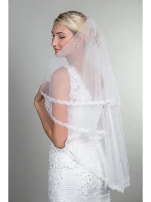 Romantic Wedding Фата невесты на железном гребне с узким кружевом два слоя, белый, фото 3