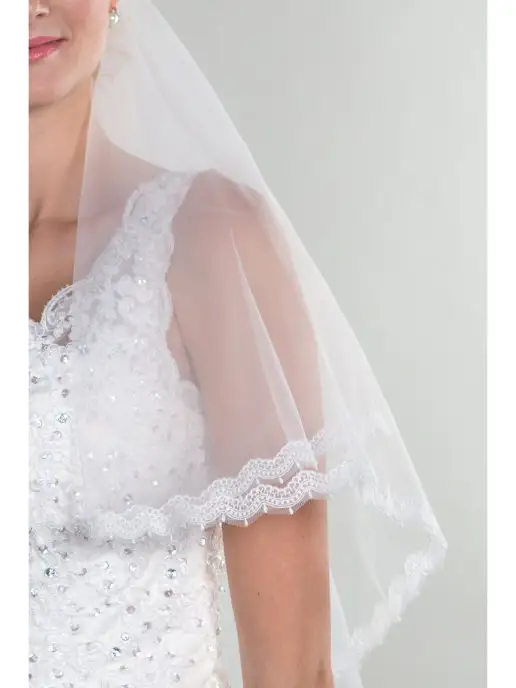 Romantic Wedding Фата невесты на железном гребне с узким кружевом два слоя, белый, фото 4