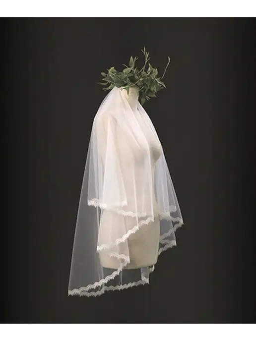 Romantic Wedding Фата невесты на железном гребне с узким кружевом два слоя, белый, фото 5