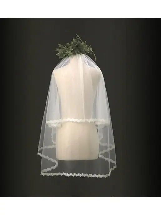 Romantic Wedding Фата невесты на железном гребне с узким кружевом два слоя, белый, фото 6