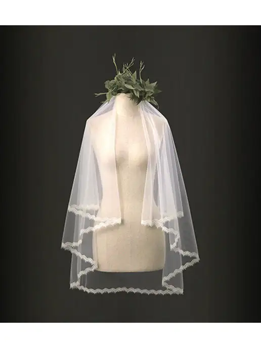 Romantic Wedding Фата невесты на железном гребне с узким кружевом два слоя, белый, фото 7