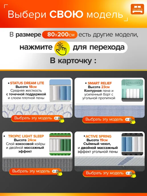 VEGARUS Матрас 160х200 пружинный анатомический на кровать, 80x200, фото 5