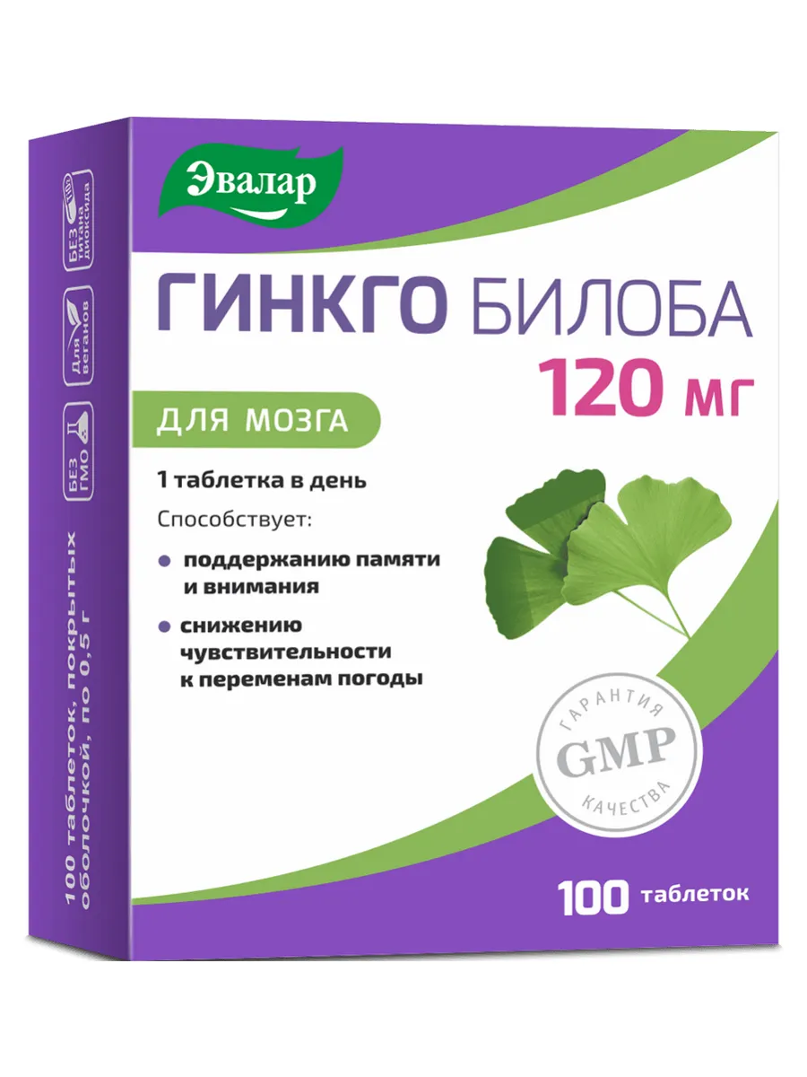 Гинкго Билоба 120 мг, для улучшения памяти, 100 таб.