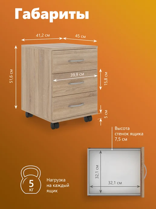 Skyland Мобильная тумба с ящиками SIMPLE SC-3M.1, 41.2х45х56.6 см, вариант, фото 2