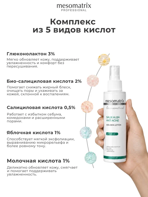 Mesomatrix Professional Лосьон для лица с кислотами AHA BHA салициловый тоник, вариант, фото 6