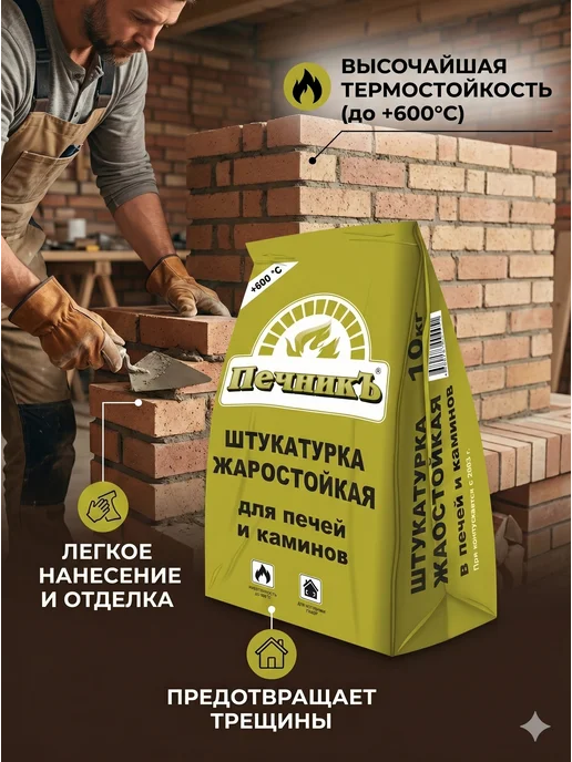 Печникъ Штукатурка жаростойкая для печей и каминов 20кг, серый