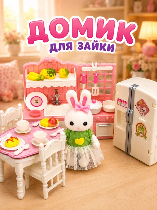 ESSA TOYS Зайчик с мебелью Кухня столовая, розовый