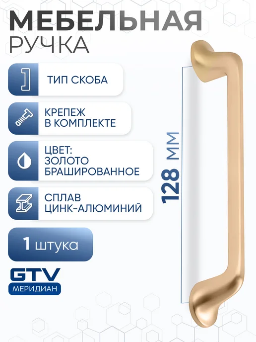 GTV Ручка мебельная скоба 128 мм FABRICIO брашированное золото, золотой