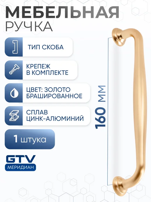 GTV Ручка мебельная скоба 160 мм STILO брашированное золото, золотой