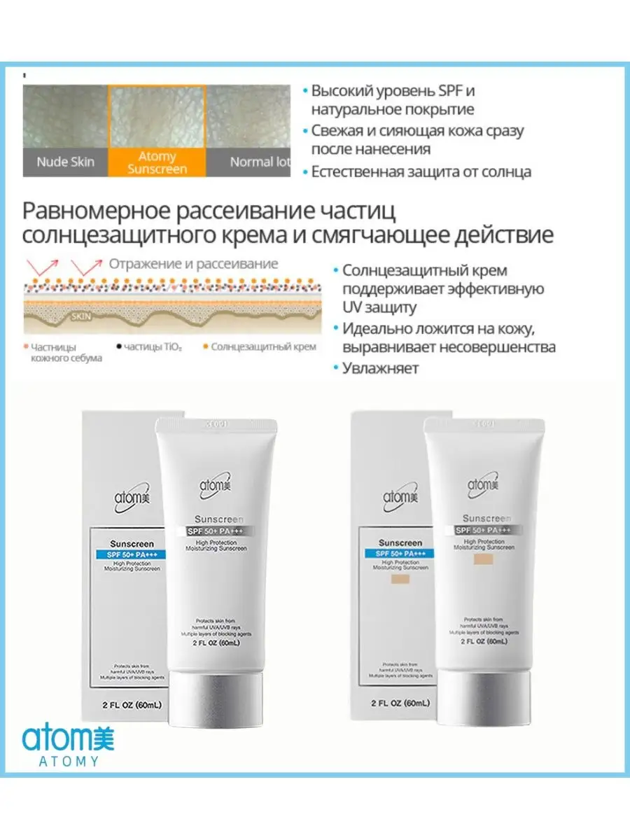 АТОМИ Солнцезащитный крем для лица ATOMY Sunscreen SPF 50+ Atomy 75552304  купить за 1 045 ₽ в интернет-магазине Wildberries