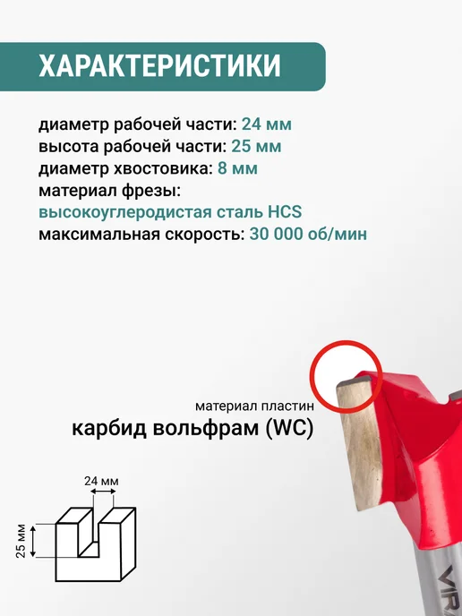 VIRA Фреза пазовая прямая 24 х 25 мм, хвостовик 8 мм, вариант, фото 2