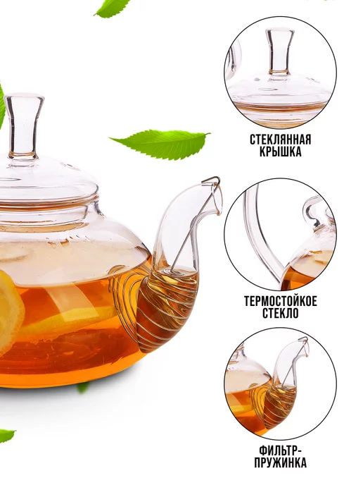 Чайник заварочный стеклянный с фильтром пружиной 600 мл - фото 2