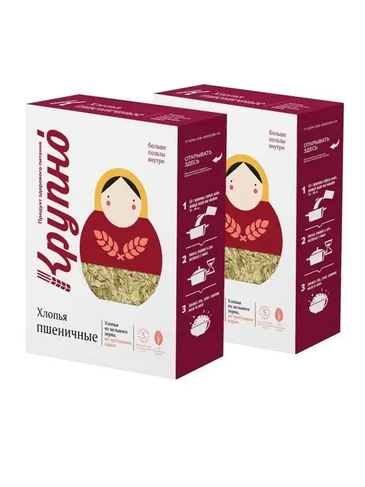 КРУПНО Пшеничные хлопья, не требующие варки, 2 пачки по 400 г, 400 г