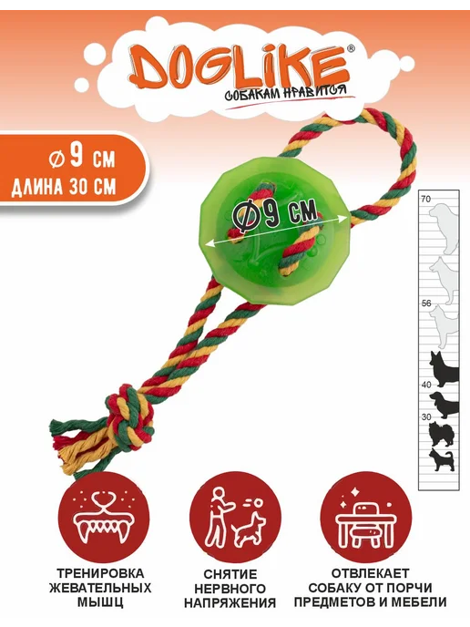 DOGLIKE Игрушка для собак кусалка с канатом, зеленый
