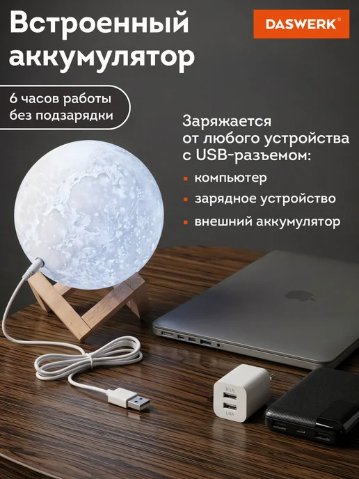 DASWERK Ночник Луна 3D светильник светодиодный, вариант, фото 6