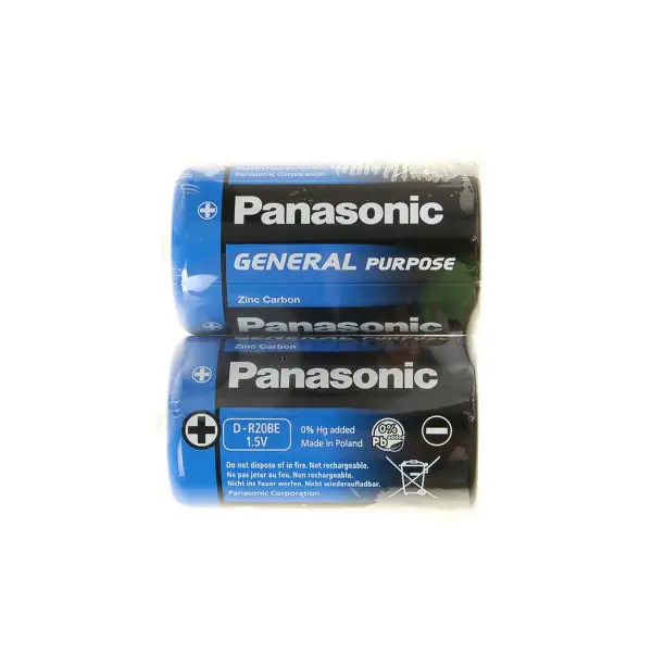 Батарейка солевая Panasonic General Purpose, D, R20-2S, 1.5В