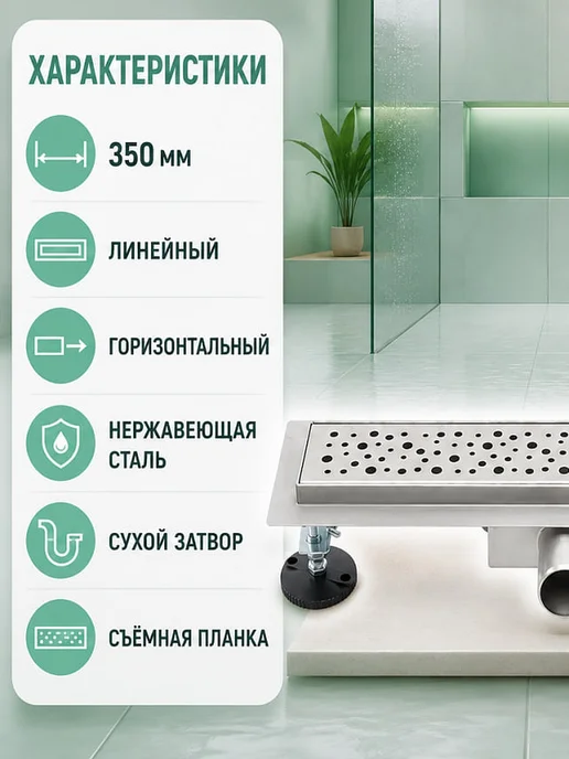 TIM Трап для душа линейный 350мм горизонтальный нержавеющая, вариант, фото 2