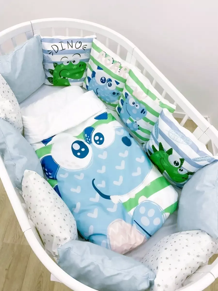 Бортики в кроватку для новорожденных для мальчика / Бортики в кроватку голубые / Подушки игрушки