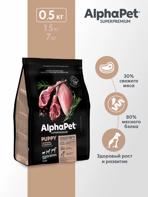 Сухой корм AlphaPet для собак, мелкие, щенки, ягненок, 0,5 кг
