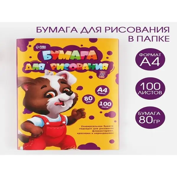 Бумага для рисования в папке А4, 100 листов