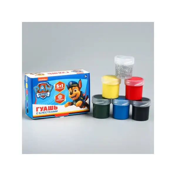 Гуашь 5 цветов + 1 цвет с блёстками Щенячий патруль